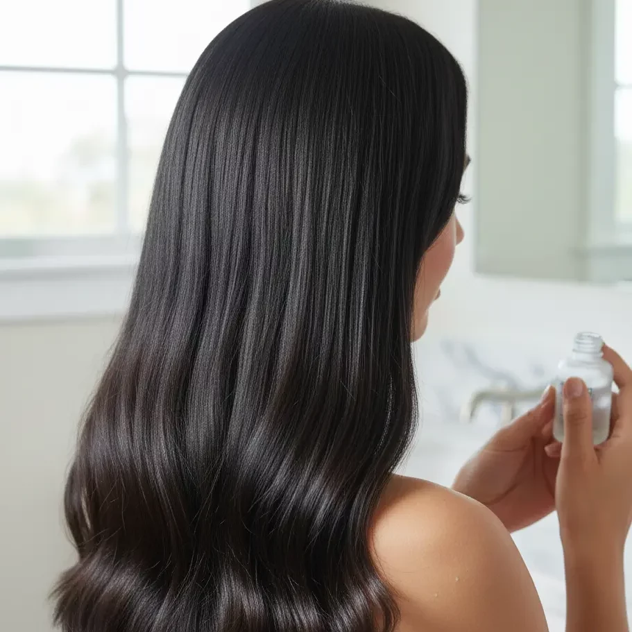 femme qui à les cheveux brillants après avoir appliqué de l'huile